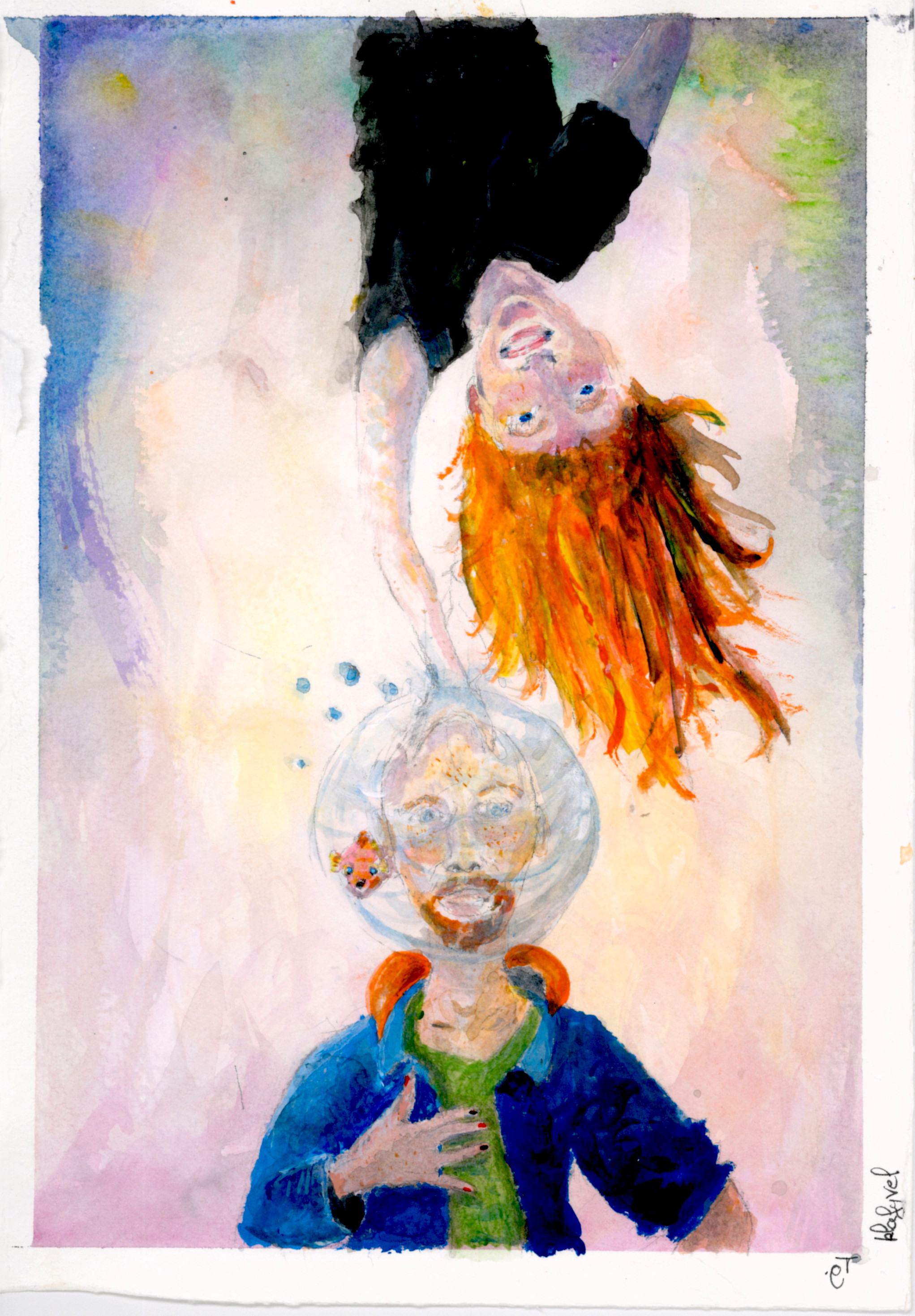 This is a painting of two character. The first one wears a black T-shirt and has long read hair. They are upside-down and reaching towards the bottom with their right hand. The hand touches the the head of the second character, who is bald and has a red beard. Their head is inside a bubble of water were a red fish is swiming. The second character looks surprised. He wears a blue jacket and has painted nails. The background is a watercolors blend of pink and blue.
