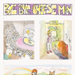 This is a painting of two character. The first one wears a black T-shirt and has long read hair. They are upside-down and reaching towards the bottom with their right hand. The hand touches the the head of the second character, who is bald and has a red beard. Their head is inside a bubble of water were a red fish is swiming. The second character looks surprised. He wears a blue jacket and has painted nails. The background is a watercolors blend of pink and blue.