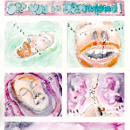 Box 1: This is the title of the water color. It reads "See you in Dreamland!"

Box 2: This is a watercolor with the head of a sleeping bearded bald man immersed in a green dreamy liquid. There's a little character (A) exiting through his nostrils.

Box 3: The character A is now fishing in the mouth of the bald sleeping man.

Box 4: Another character (B) is sitting on the nose of another sleeping person. Their head is immersed in a dreamy and agitated purple liquid. They have red hair.

Box 5: Character B is now standing on the nose and is catching the fishing hook from the character A. Character B starts to be lifted.

Box 6: Characters A and B are reunited and hugging on the face of the bald man. In the background the purple and green liquids merged in a vapor, forming a happy face.
